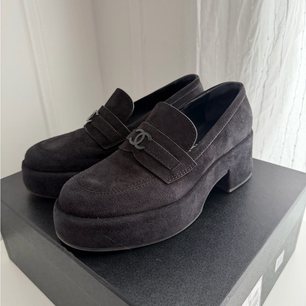 CHANEL Dark Suede Platform Loafers